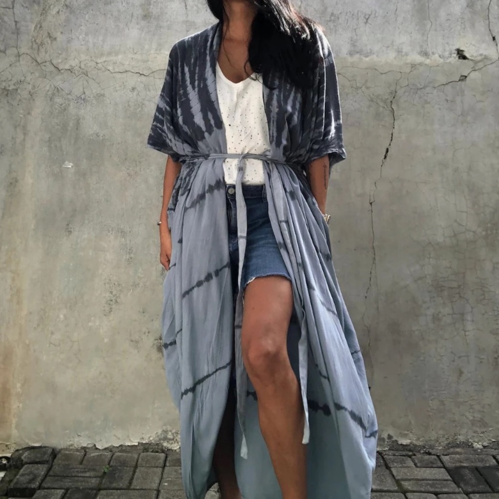 SOLD OUT Navy Gray Tie Dye Boho Swim Coverup Kimono Robe - Picture 4 of 5